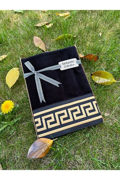 Fantastic Collection Special Velvet Gift Towel Set with Border Embroidered Greek Key Pattern