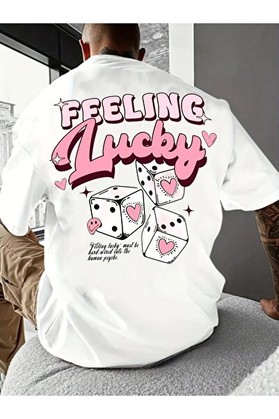 AZIZI TEKSTIL Men's Casual "Feel Lucky" Cartoon Dice T-Shirt - Light Blue, Pl...