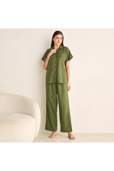 FAV Floral Embroidered Dobby Shirt and Elasticated Pyjama Set
