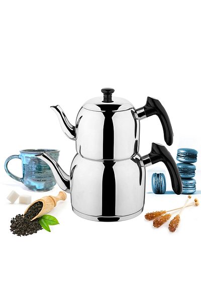 Özkent K-394 Black Vista Mega Size Stainless Steel Induction Base Teapot Set 1.7-3.2 Lt
