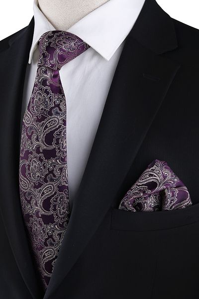 Kravatkolik Plum Paisley Pattern Classic Tie with Handkerchief Kk13127