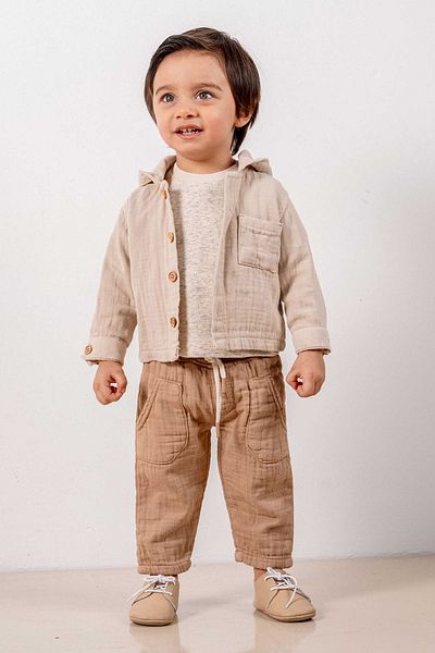 bombe Baby Kids Beige Cotton Hooded Comfortable 3-Piece Set Trend Fashion Bottom Top Set
