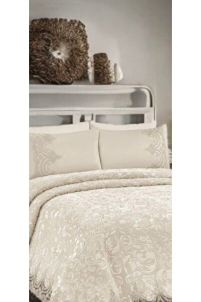 ZADA HOME Yatak Örtüsü Krem Çift Kişilik Fransız Güpürlü Battaniye Seti,  Seti