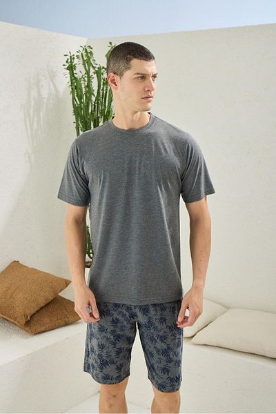 KLY PİJAMA Kly 2201 Men's 100% Cotton Crew Neck Half Sleeve Oversize Oversize Shorts Set
