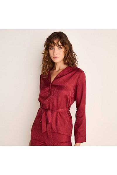 FAV Textured Jacquard Satin Shirt with Belt and Pyjama Set