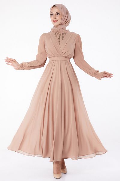 TOFİSA Stone Chiffon Dress Powder - 26256