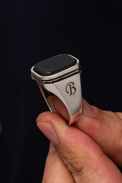 ALYANSEVİM Oniks Taşlı Harfli 925 Gümüş Yüzük