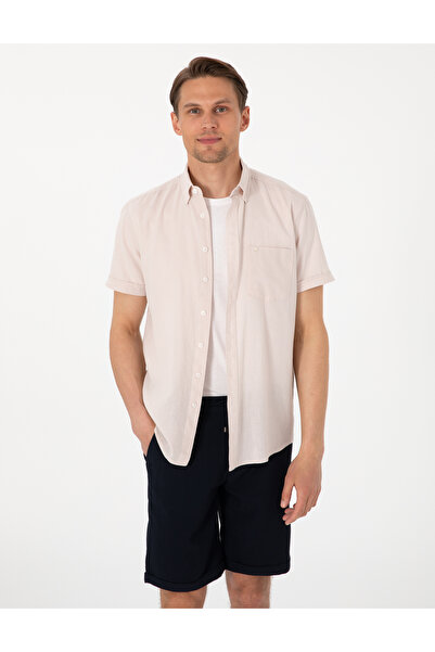 Pierre Cardin Beige Linen Blended Regular Fit Short Sleeve Shirt 50303418 -Vr011