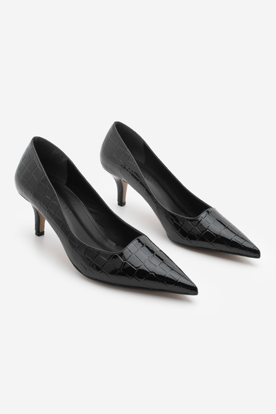 Marjin Kadın Stiletto Croco Desenli Topuklu Ayakkabı Olfin Siyah Croco