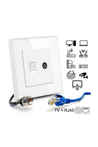 CLASSLIGHTS Priză TV Internet RJ45, Cat6, ramă din sticlă securizată, alb