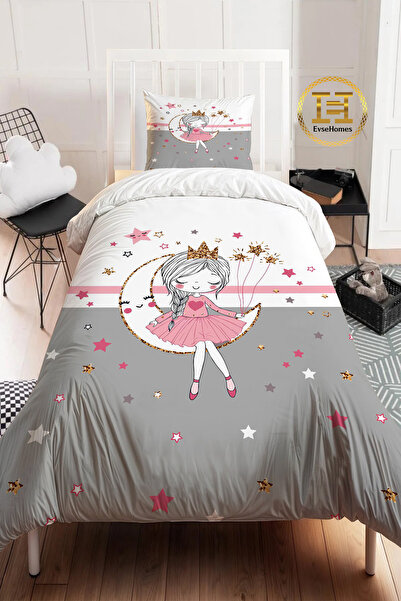 EVSEHOMES طقم غطاء لحاف بناتي مخطط باللون الرمادي والوردي