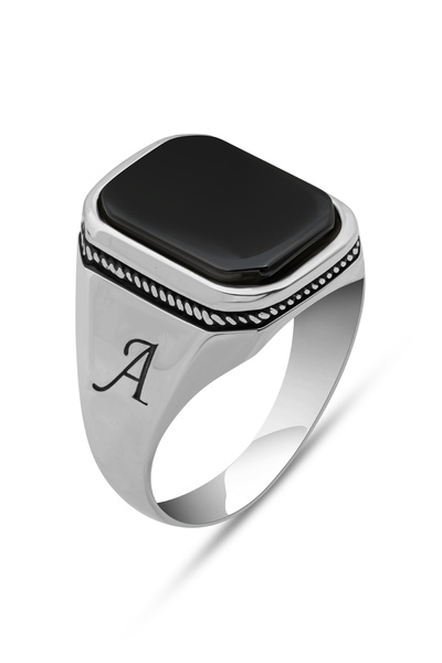 ALYANSEVİM Oniks Taşlı Harfli 925 Gümüş Yüzük