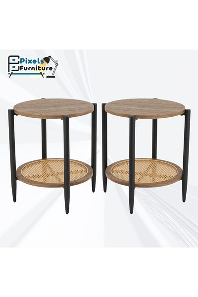 PixelsFurniture Set of 2 Round Side Table 2 Layers Pixel Furniture Coffee Table with Wood Top, Rattan Bottom Shelf and Metal Ends