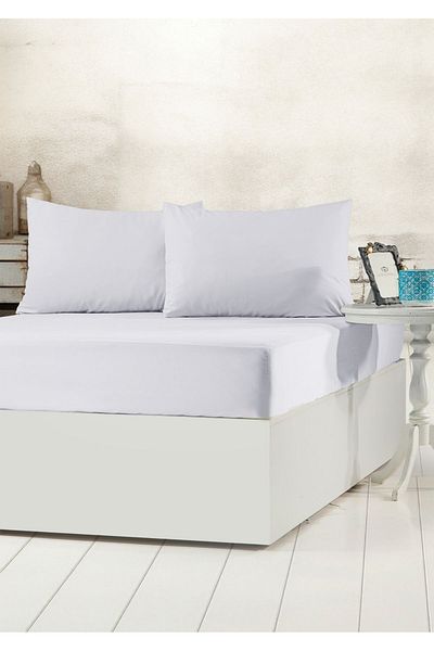 Sivalde 100% Cotton Ranforce Double Fitted White Pillowcase Elastic Sheet Set