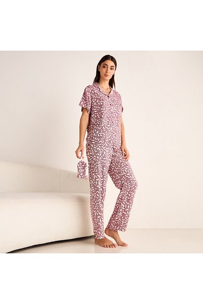 FAV Leaf Print Short Sleeves Shirt and Elasticated Pyjama Set with Eye Mask