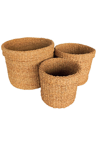 Bahçem مجموعة سلة خوص مربعة الشكل من الأعشاب البحرية ذات اللون الطبيعي المزخر...