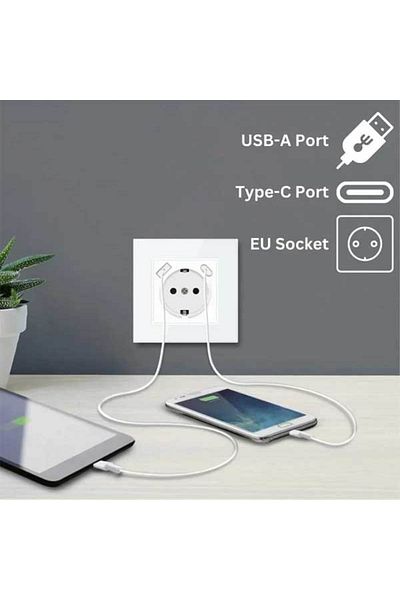 CLASSLIGHTS Priză cu ramă din sticlă securizată, porturi USB-A și USB-C, 16A, alb