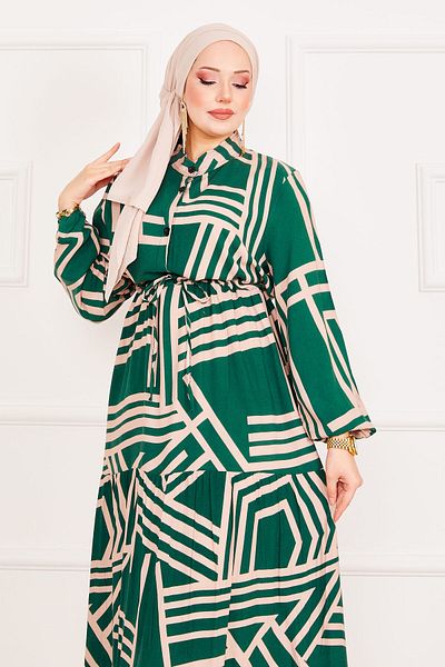 EBRUTESETTÜR Half Buttoned Lace up Waist Hijab Dress