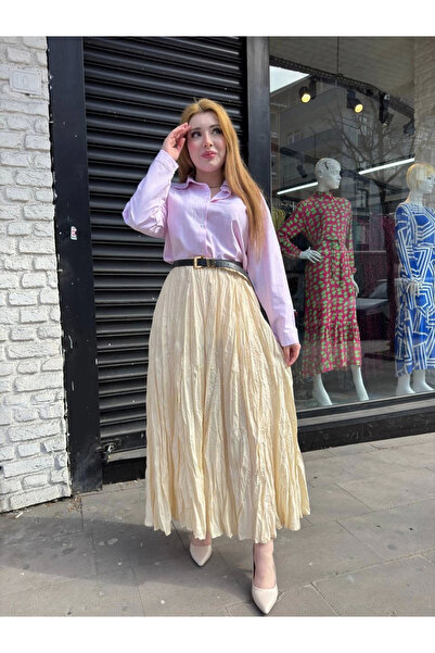 Zerenyus Women's Elastic Waist Comfortable Skirt Cream