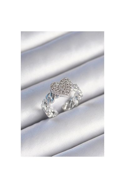 Marsilyan Brass Silver Color Chain Cord Zircon Stone Heart Model Women's Ring - Tj-Byk3484