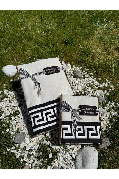Fantastic Collection Special Velvet Gift Towel Set with Border Embroidered Greek Key Pattern
