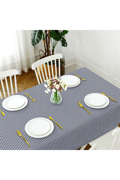 Evim Canvas Gingham Navy Blue Liquid Proof Stain Resistant Table Cloth