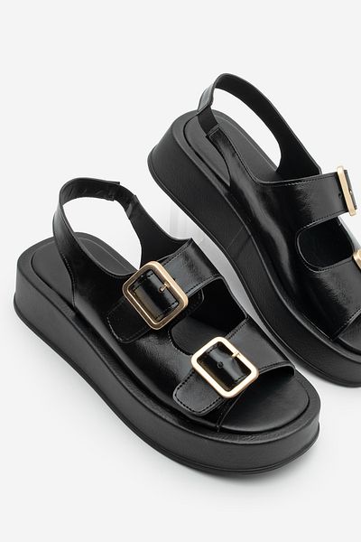 Marjin Women's Daily Sandals - Thick Sole with Buckle, Liqya Black