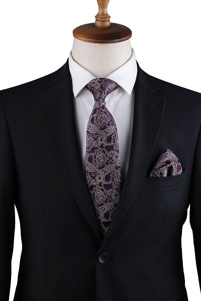 Kravatkolik Plum Paisley Pattern Classic Tie with Handkerchief Kk13127