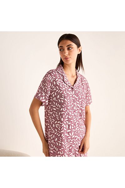 FAV Leaf Print Short Sleeves Shirt and Elasticated Pyjama Set with Eye Mask