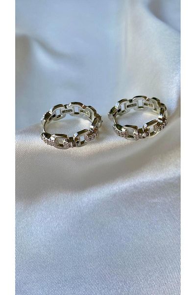 H&S AKSESUAR Stoned Mes Silver Open Hoop Earrings