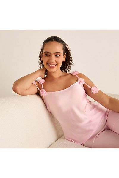 FAV Floral Applique Strappy Top and Elasticated Pyjama Set
