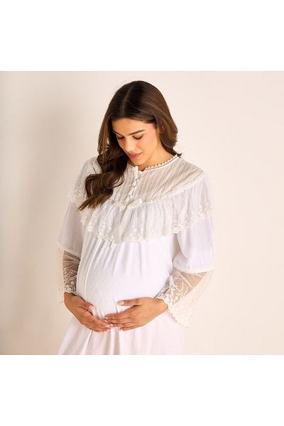 FAV Lace Detail Maternity Night Dress with Round Neck and Long Sleeves