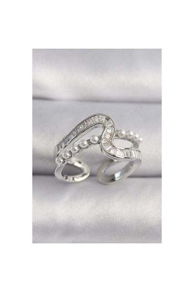 Marsilyan Brass Silver Color Zircon Stone Pearl Detail Vip Series Women's Ring - Tj-Byk3511