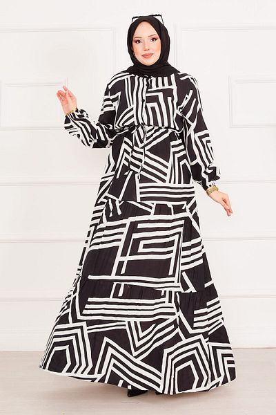 EBRUTESETTÜR Half Buttoned Lace up Waist Hijab Dress