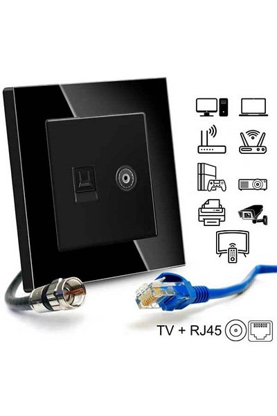 CLASSLIGHTS Priză TV Internet RJ45, Cat6, ramă din sticlă securizată, negru