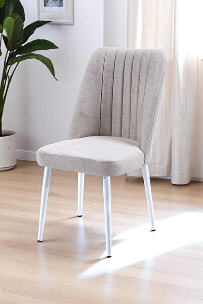 MYMASSA Vento Sandalye - Jerika Krem Kumaş - Metal Beyaz Ayak - Mutfak Sandal...