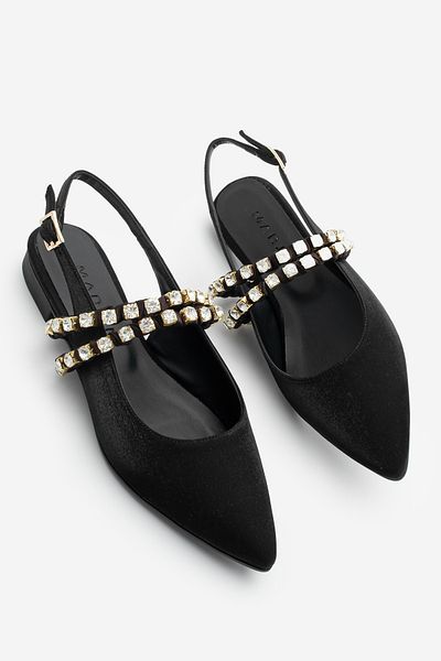 Marjin Damen-Ballerinas mit spitzer Zehenpartie, Steinband, offener Rücken, Schal, Tezur, schwarzer Satin