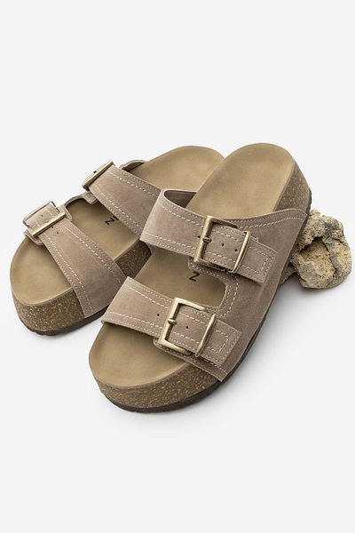 Marjin Dámske ležérne papuče Roneta Mink Suede s dvojitým pruhom z pravej kože s korkovou vysokou podrážkou