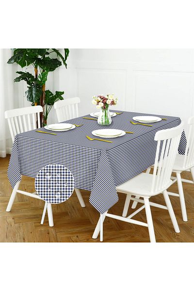 Evim Canvas Gingham Navy Blue Liquid Proof Stain Resistant Table Cloth
