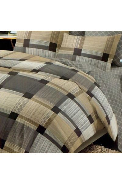 Pucioasa Double Bedding Set Made of Finet, Duvet Cover 200x220cm, 6-Piece, Beige/Gray Plaid