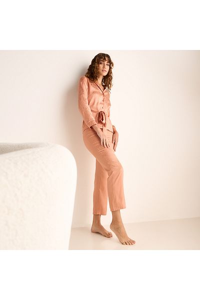 FAV Textured Jacquard Satin Shirt with Belt and Pyjama Set
