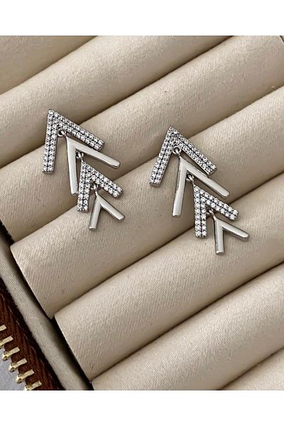 H&S AKSESUAR Stoned or Not V Transition Stylished Silver Steel Earrings