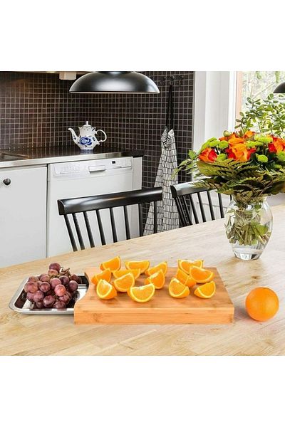 OEM Bamboo chopping board with stainless steel tray, sustainable, with retractable tray