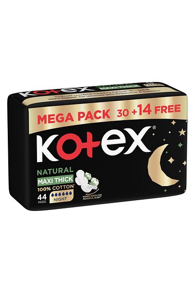 Kotex Natural Maxi Protect 100% Cotton Overnight Sanitary Pads with Wings 44 pcs – Soft & Absorbent