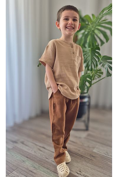 BALKABAĞI Bitter Brown Muslin Shirt and Pants Set - 2-8 Years Mtye0059