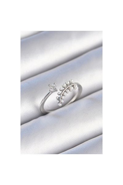 Marsilyan Brass Silver Color Zircon Stone Pearl Leaf Model Women's Ring - Tj-Byk3453