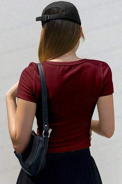 Teenage Millionaire Women's Burgundy U Neck Short Sleeve Ribbed Camisole Body T-Shirt