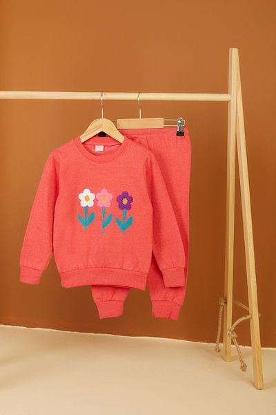 TOFİSA Girl's Coral Flower Embroidered Double Suit - 26549