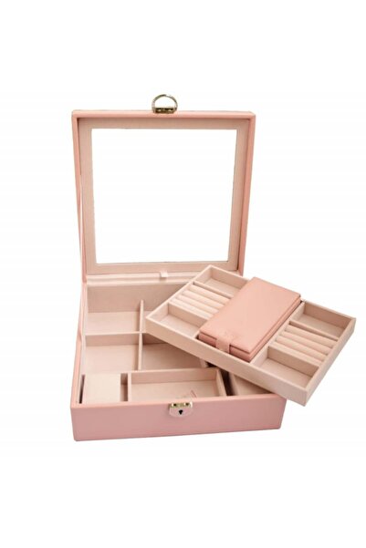 PUFO Glam elegant box with mirror for jewelry storage and organization, 25 x 25 cm, pink