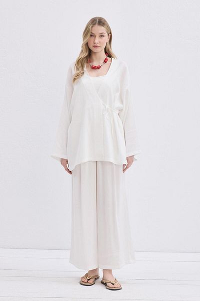 KADRİYE BAŞTÜRK Wrap Modal Shirt Pants Set Ecru